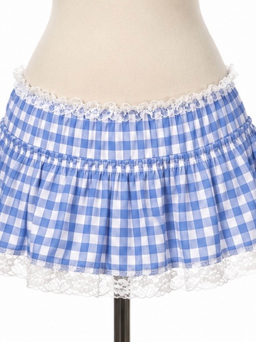 Blue Gingham Lace-Trim Mini Skirt